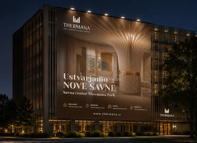 Velikoformatna fasadna postavitev na stavbi Thermana