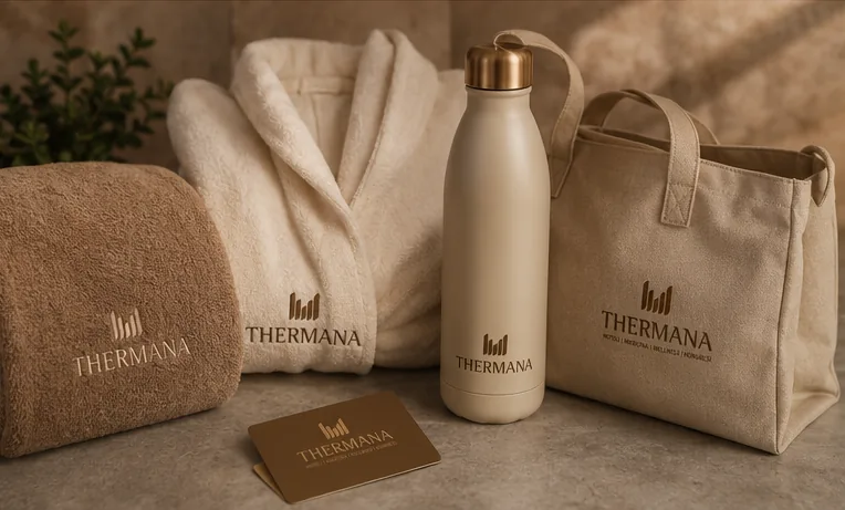 Brandirani wellness dodatki Thermana — brisača, halja, steklenica, torba