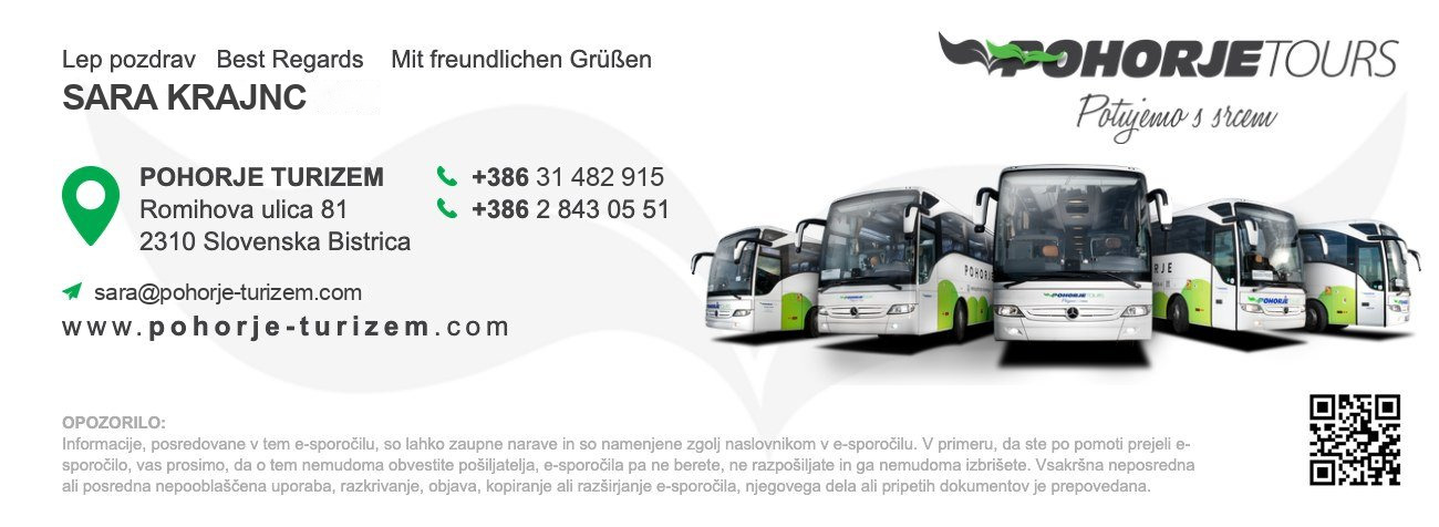 E-po&scaron;tni podpis Pohorje Tours z avtobusi in QR kodo